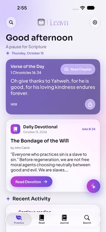 Leavn Practice screen with the Verse of the Day and a daily devotional
